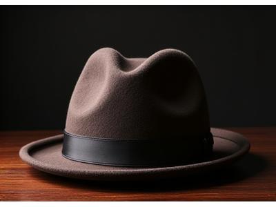 A classic Fedora hat on a dark wood surface.