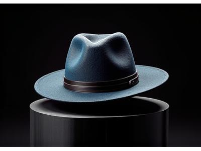 A unique, exclusive hat dramatically lit on a simple, dark pedestal.