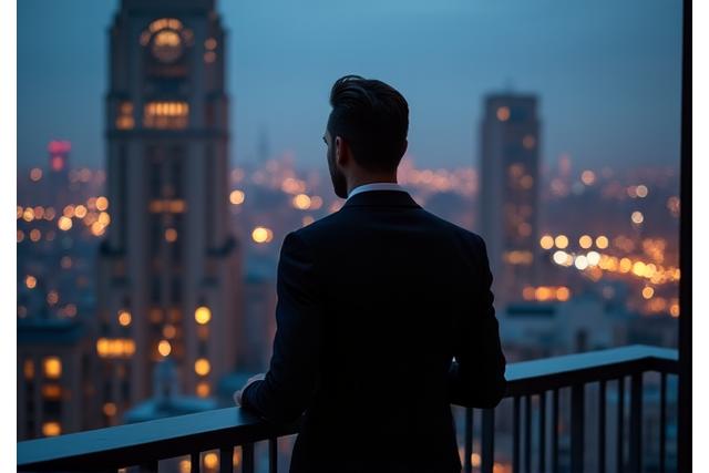 Stylish man from behind overlooking a cityscape.