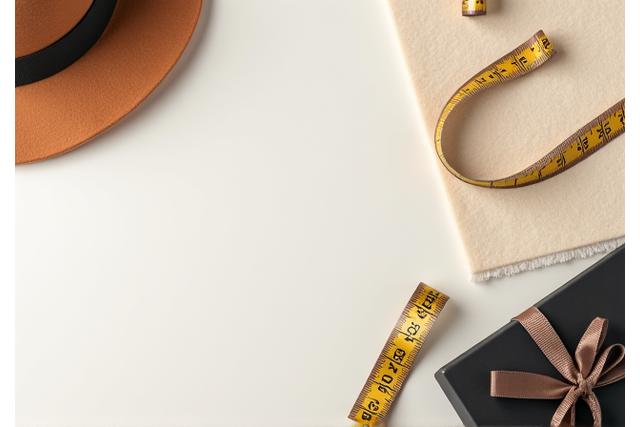 A flat-lay of a fabric swatch, measuring tape, and a corner of a luxury hat box.
