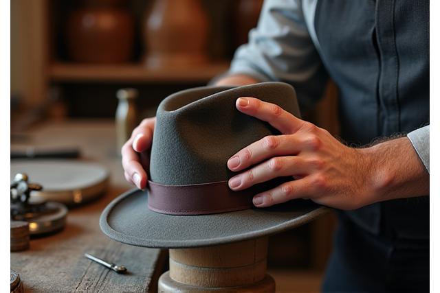 A master craftsman's hands shaping a hat with vintage tools.